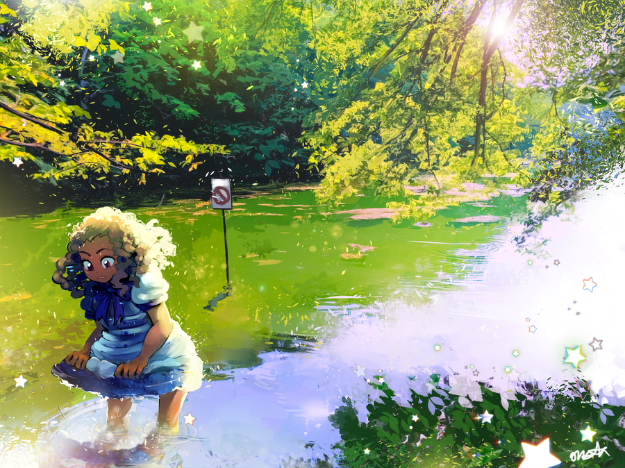 1girl black_hair blue_dress curly_hair dark_skin day dress long_hair onsta original outdoors partially_submerged puffy_short_sleeves puffy_sleeves reflection short_sleeves sign signature solo star_(symbol) tree wide_shot