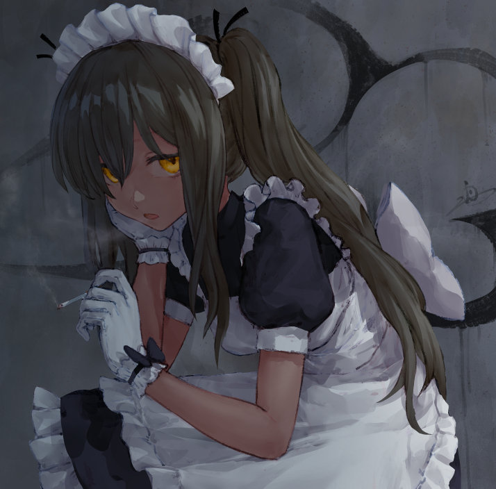 1girl alternate_costume black_bow bow brown_hair cigarette dark_skin enmaided frills gloves graffiti holding holding_cigarette io_(io_oekaki) long_hair looking_at_viewer maid maid_headdress open_mouth original outdoors puffy_sleeves signature smoke smoking solo tan twintails white_gloves yellow_eyes