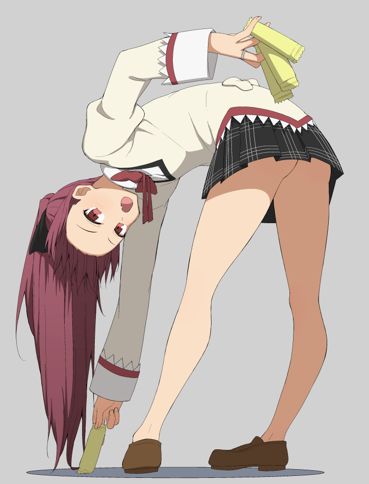 1girl bare_legs bent_over brown_eyes fang full_body holding jewelry legs looking_at_viewer mahou_shoujo_madoka_magica open_mouth redhead ring sakura_kyouko salpin school_uniform simple_background skin_fang solo upside-down