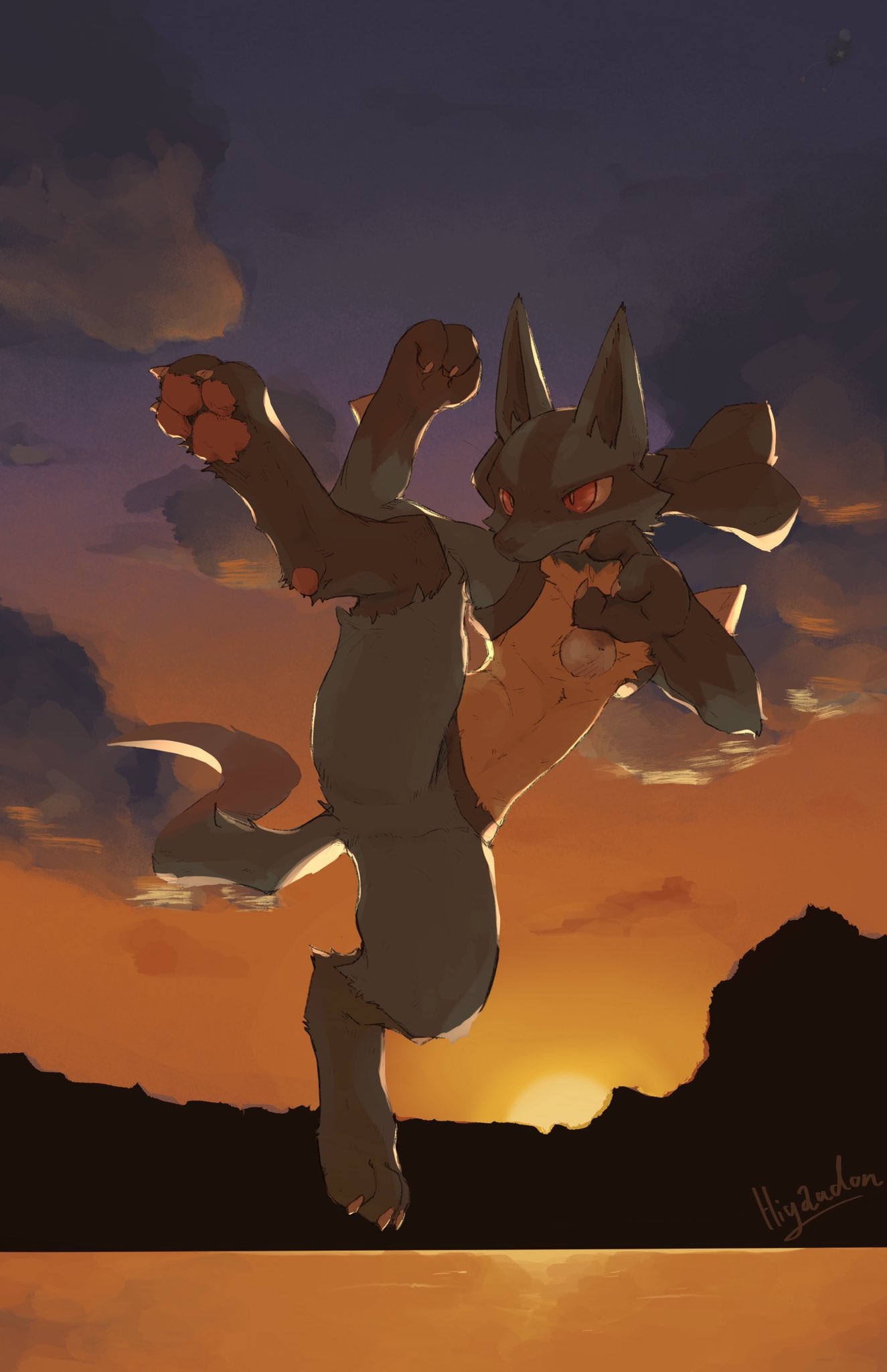 1boy animal_ears arm_up artist_name backlighting claws clenched_hand closed_mouth clouds drifloon full_body furry gen_4_pokemon gradient hand_up highres hiyaudon jpeg_artifacts jumping kicking lucario male_focus no_humans orange_sky outdoors pawpads paws pokemon pokemon_(creature) red_eyes signature sky solo_focus spikes spread_legs sun sunset tail water wolf_ears wolf_tail