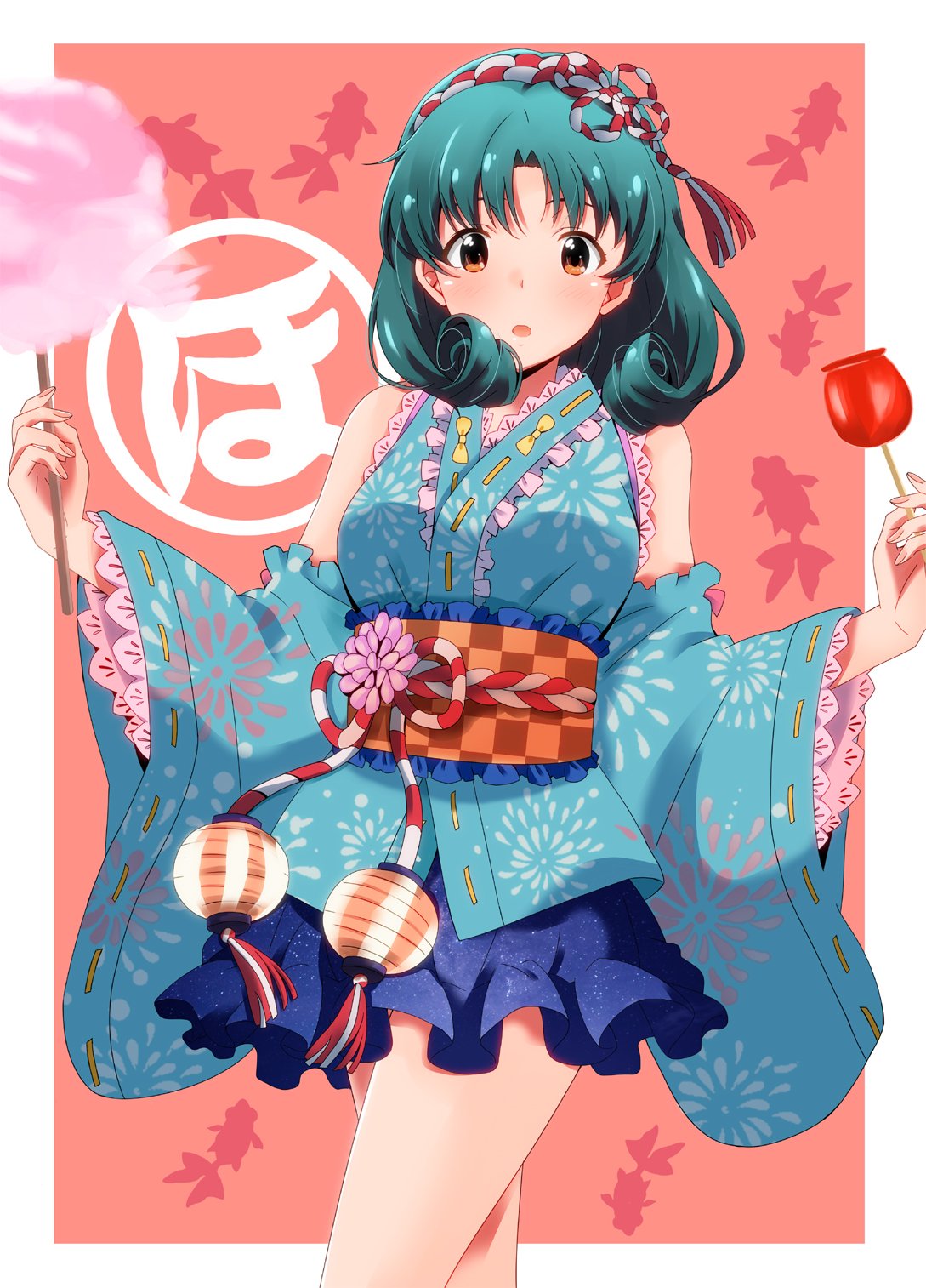 1girl :o aqua_hair aqua_kimono bangs bare_shoulders blue_skirt border brown_eyes candy_apple commentary_request cotton_candy cowboy_shot crossed_legs curly_hair detached_sleeves fingernails floral_print flower food frilled_kimono frilled_skirt frills hairband hands_up highres holding holding_food idolmaster idolmaster_million_live! japanese_clothes kimono kouhaku_nawa light_blush long_sleeves looking_at_viewer medium_hair miniskirt obi orange_background outside_border parted_bangs parted_lips patterned_background pink_flower ponpon print_kimono ribbon ribbon-trimmed_sleeves ribbon_trim rope sash shimenawa short_kimono short_yukata skirt sleeveless sleeveless_kimono solo standing tassel tokugawa_matsuri two-tone_hairband white_border wide_sleeves yellow_ribbon yukata