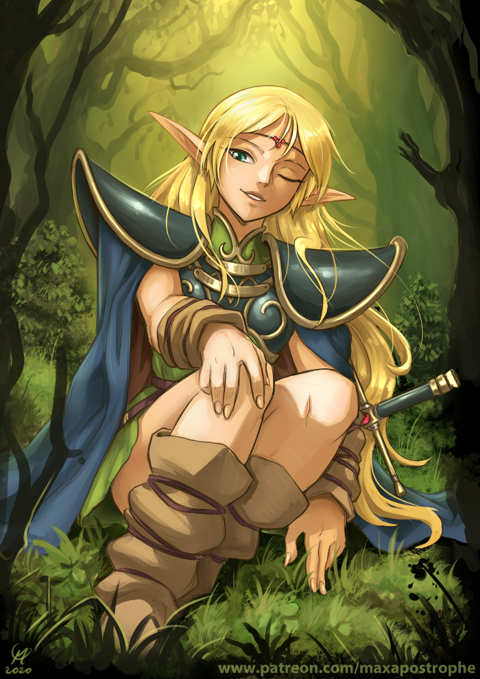 1girl blonde_hair booots cape deedlit elf fantasy forest grass green_eyes hand_on_own_knee hilt long_hair maxa' nature one_eye_closed patreon_username pauldrons pointy_ears record_of_lodoss_war shoulder_armor sitting smile solo sword tree weapon