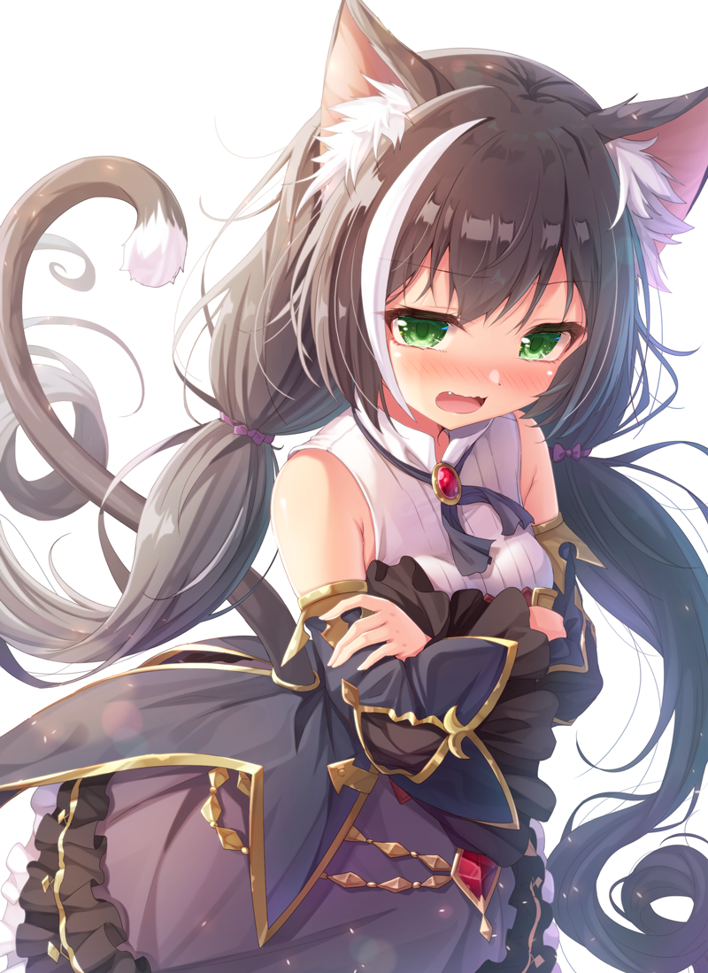 1girl animal_ear_fluff animal_ears bangs bare_shoulders black_hair blue_sleeves blush bow breasts cat_ears cat_girl cat_tail commentary_request crossed_arms detached_sleeves eyebrows_visible_through_hair fang frilled_skirt frills green_eyes hair_bow karyl_(princess_connect!) long_hair long_sleeves low_twintails matokechi medium_breasts multicolored_hair nose_blush open_mouth princess_connect! princess_connect!_re:dive purple_bow purple_skirt shirt simple_background skirt sleeveless sleeveless_shirt solo streaked_hair tail twintails very_long_hair white_background white_hair white_shirt wide_sleeves