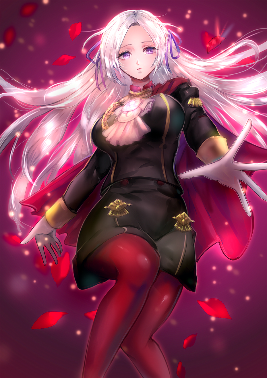 1girl black_shorts breasts cape cravat edelgard_von_hresvelg fire_emblem fire_emblem:_three_houses floating_hair garreg_mach_monastery_uniform gloves hair_ribbon highres large_breasts legwear_under_shorts long_hair long_sleeves looking_at_viewer open_mouth pantyhose petals purple_ribbon red_cape red_legwear ribbon shorts solo tsukigime_(fool_ehle) very_long_hair violet_eyes white_gloves white_hair