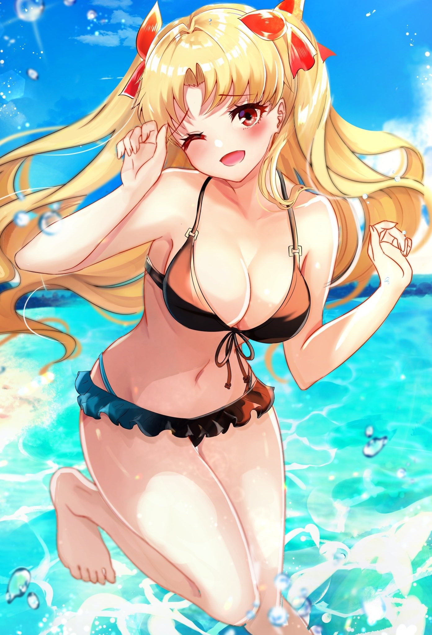 1girl bangs bare_shoulders beach bikini blonde_hair blush bow breasts chiachun0621 clouds collarbone ereshkigal_(fate/grand_order) eyebrows_visible_through_hair fate/grand_order fate_(series) hair_bow highres long_hair looking_at_viewer medium_breasts navel ocean one_eye_closed open_mouth parted_bangs red_eyes sky solo stomach swimsuit two_side_up