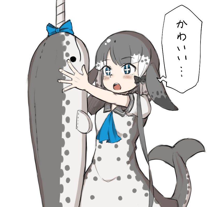 +_+ 1girl black_bow blowhole blue_bow blue_neckwear bow commentary_request dolphin_tail dress grey_dress grey_hair hair_bow kemono_friends multicolored_hair narwhal_(kemono_friends) neckerchief numero_509 puffy_short_sleeves puffy_sleeves sailor_collar sailor_dress short_hair short_hair_with_long_locks short_sleeves solo stuffed_animal stuffed_toy tail translation_request two-tone_dress white_hair
