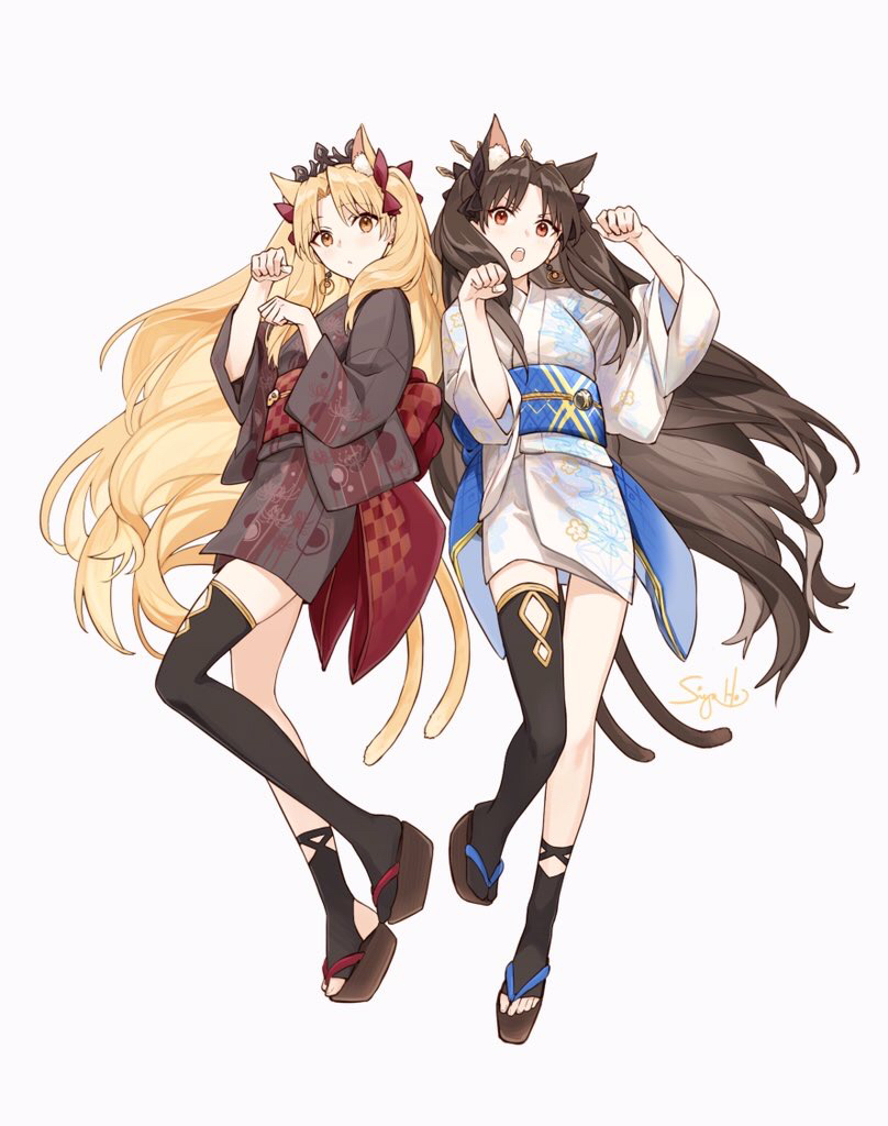 2girls alternate_costume animal_ear_fluff animal_ears artist_name asymmetrical_legwear black_hair black_legwear blonde_hair cat_ears cat_tail closed_mouth commentary earrings ereshkigal_(fate/grand_order) fate/grand_order fate_(series) full_body geta hair_ribbon ishtar_(fate)_(all) ishtar_(fate/grand_order) japanese_clothes jewelry kemonomimi_mode kimono looking_at_viewer multiple_girls multiple_tails obi obijime open_mouth paw_pose red_eyes ribbon sash short_kimono signature simple_background single_thighhigh siya_ho standing tail thigh-highs tiara two_side_up white_background