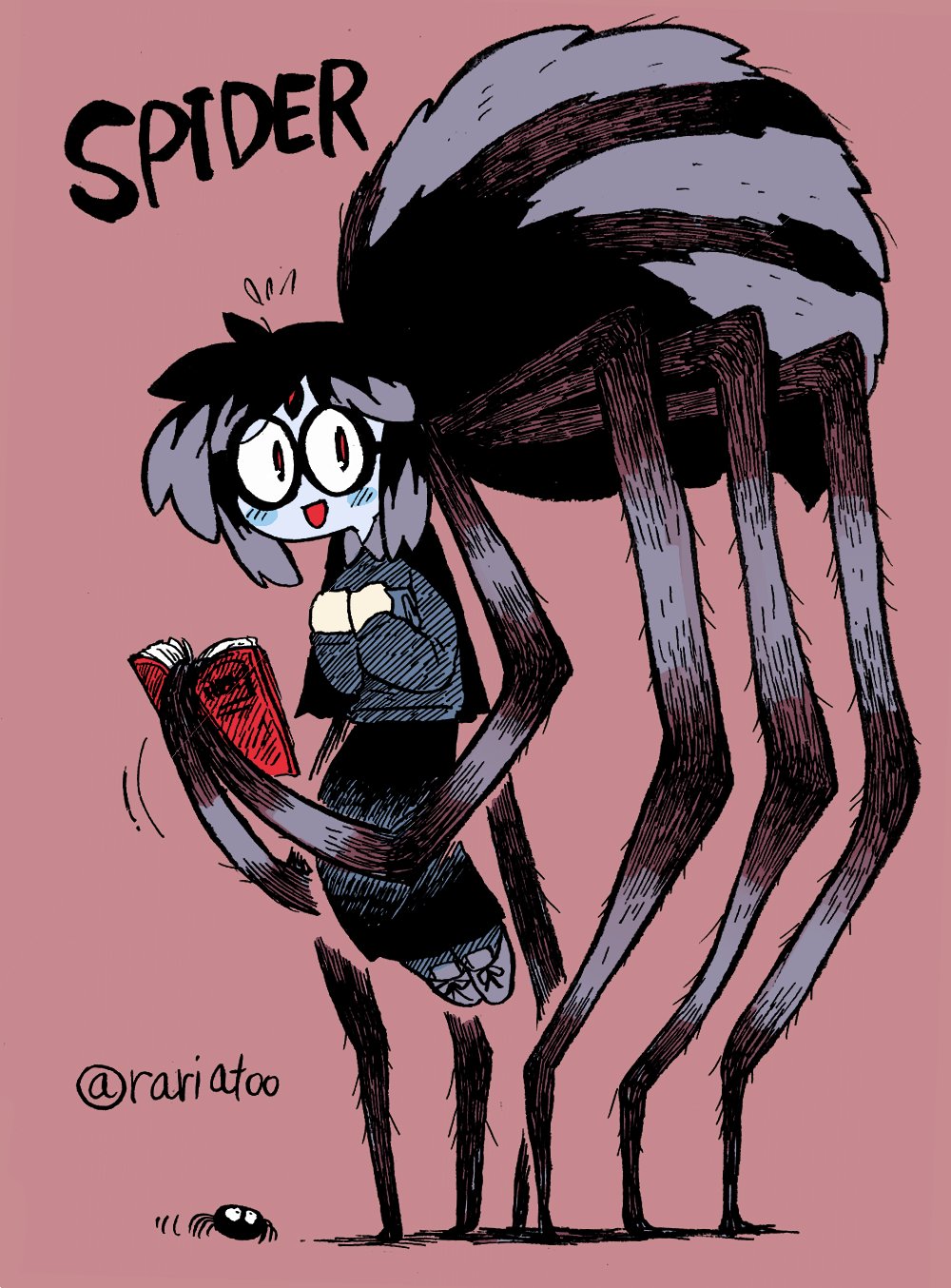 1girl :d arachne bangs blue_sweater blush book bug colorized commentary english_commentary extra_eyes flying_sweatdrops glasses highres holding holding_book ink_(medium) inktober insect_girl long_sleeves looking_at_viewer mixed_media monster_girl open_book open_mouth original parted_bangs pink_background rariatto_(ganguri) reading red_eyes round_eyewear shoes short_hair simple_background skirt smile solo spider spider_girl sweater traditional_media twitter_username