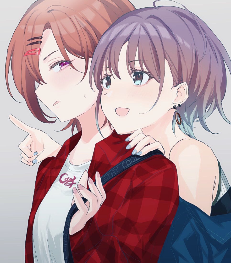 2girls ahoge asakura_tooru bangs brown_eyes brown_hair close-up earrings eyebrows_visible_through_hair face hair_ornament hairclip higuchi_madoka idolmaster idolmaster_shiny_colors jewelry komina_tano_(cominaya) looking_at_another mole mole_under_eye multiple_girls nail_polish open_clothes open_mouth open_shirt pointing short_hair violet_eyes