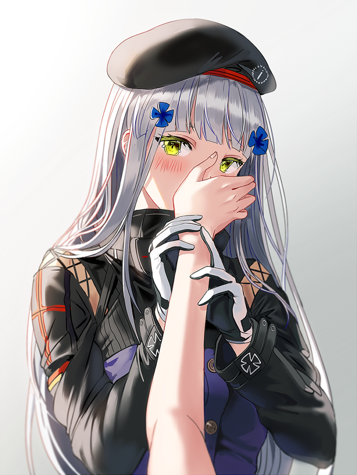 1girl bangs beret blunt_bangs blush girls_frontline green_eyes hand_on_another's_face hat hk416_(girls_frontline) holding_another's_arm long_hair looking_at_viewer pov sidelocks silence_girl silver_hair very_long_hair