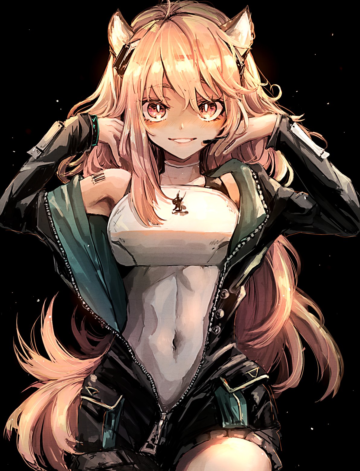 1girl akebisousaku arknights armpits arms_behind_head bangs barcode_tattoo bare_thighs black_background black_jacket breastplate breasts brown_eyes brown_hair chipmunk_ears chipmunk_girl covered_navel dark_skin gravel_(arknights) highres jacket long_hair looking_at_viewer medium_breasts open_mouth partial_bodysuit partially_unzipped shorts simple_background smile solo tattoo zipper