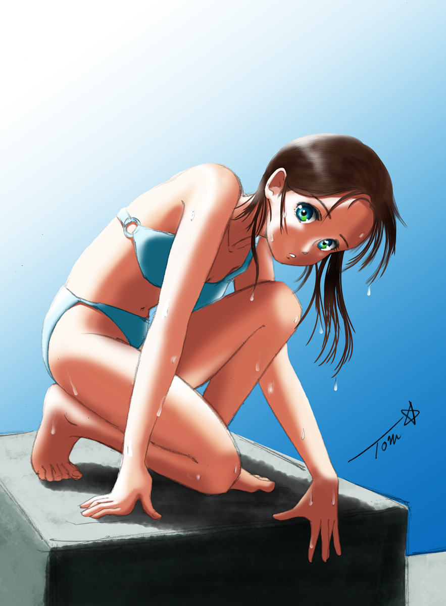 1girl barefoot blue_background brown_hair chutohampa commentary_request forehead gradient gradient_background graphite_(medium) green_eyes highres long_hair looking_at_viewer mechanical_pencil o-ring o-ring_bikini original pencil signature solo squatting traditional_media white_background