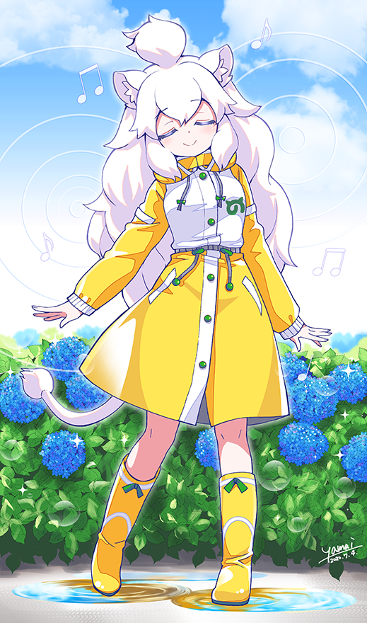 1girl animal_ears boots closed_eyes commentary_request drawstring eyebrows_visible_through_hair hood hood_down japari_symbol kemono_friends kemono_friends_3 lion_ears lion_girl lion_tail long_hair musical_note puddle raincoat rubber_boots smile solo tail white_hair white_lion_(kemono_friends) yamai yellow_footwear yellow_raincoat