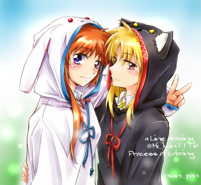 2girls alternate_costume animal_ears blonde_hair blush couple fate_testarossa happy long_hair lyrical_nanoha mahou_shoujo_lyrical_nanoha mahou_shoujo_lyrical_nanoha_strikers multiple_girls orange_hair pajamas red_eyes simple_background smile takamachi_nanoha user_xgna8347 v violet_eyes yuri