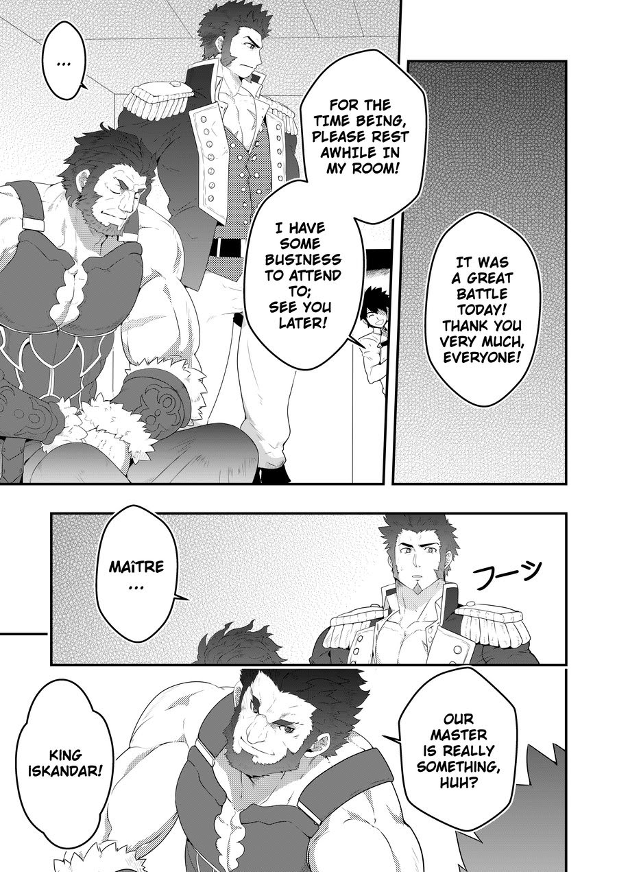 3boys bara beard belt chest cleavage_cutout collar doujinshi english_text epaulettes facial_hair fate/grand_order fate/zero fate_(series) fringe_trim fujimaru_ritsuka_(male) goatee greyscale highres iskandar_(fate) jacket long_sleeves looking_at_another male_focus manly military military_uniform monochrome multiple_boys muscle napoleon_bonaparte_(fate/grand_order) open_clothes open_jacket open_shirt pants pectorals scar smile speech_bubble thought_bubble tight unbuttoned uniform upper_body white_pants