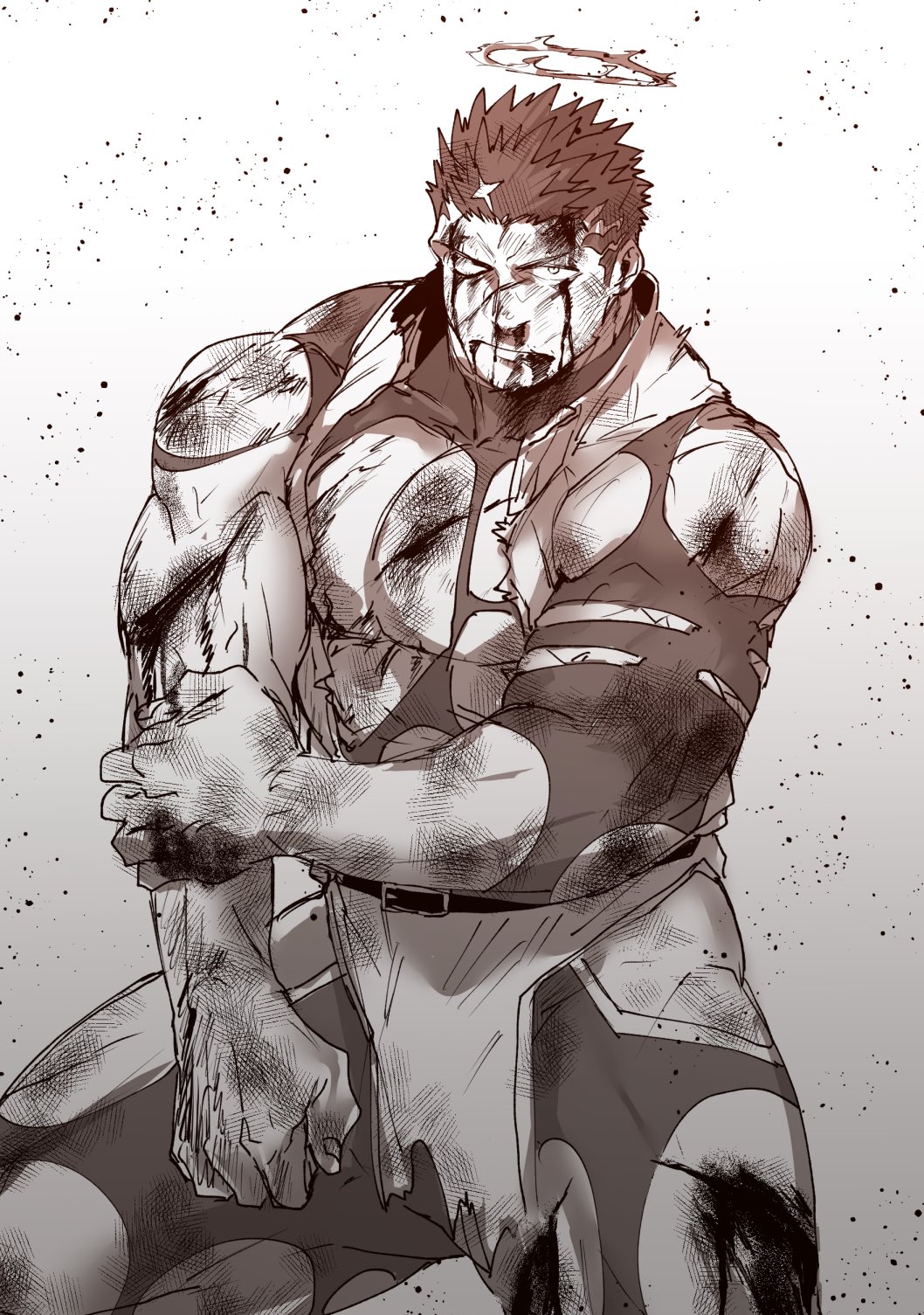 1boy abs bara beard black_hair blood blood_on_face bloody_clothes bloody_hands bodysuit bruise bulge chest closed_mouth facial_hair fighting_stance fire greyscale halo highres injury looking_at_viewer male_focus monochrome muscle pectorals pelvic_curtain simple_background sketch solo stubble thigh_cutout thighs tokyo_houkago_summoners torn_clothes upper_body zabaniya_(tokyo_houkago_summoners) zabaniyan