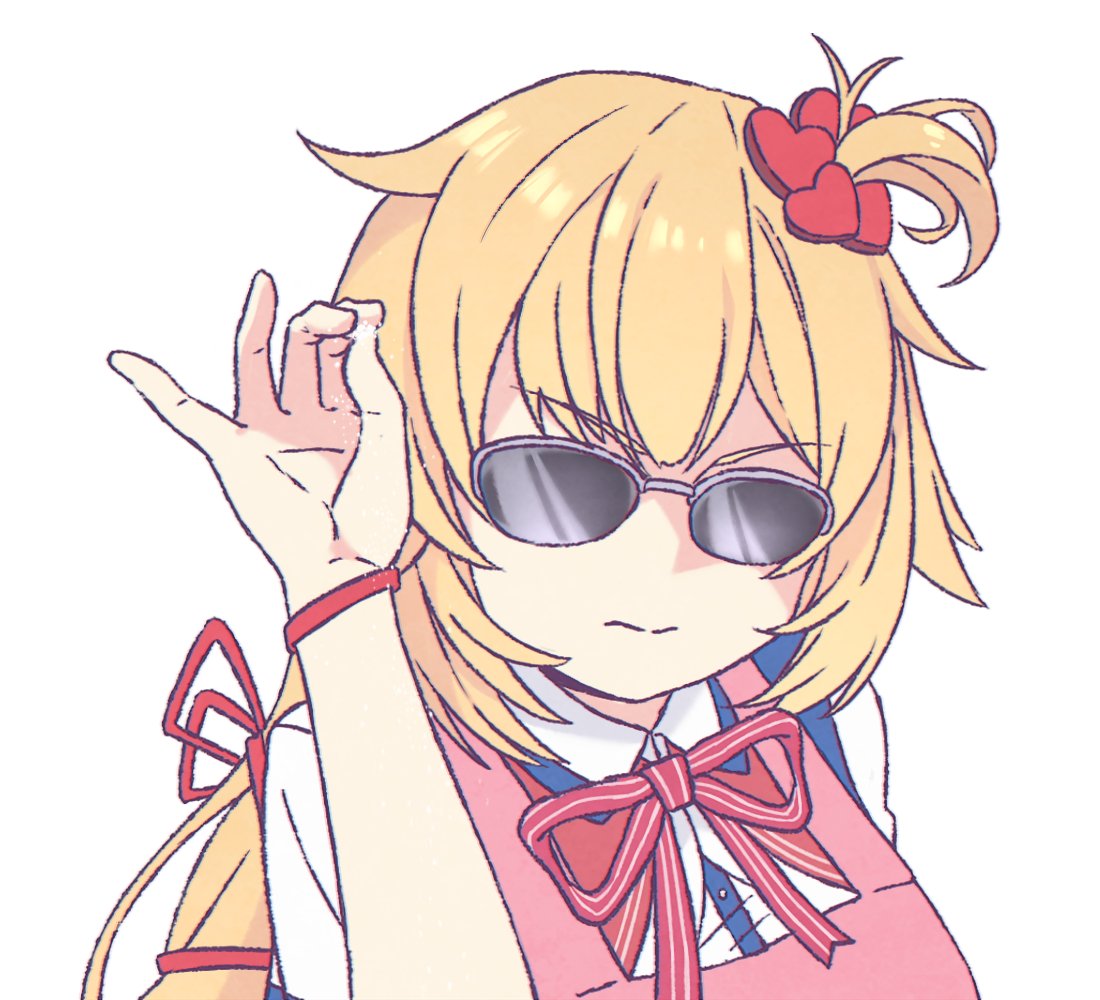 1girl akai_haato apron blonde_hair bracelet commentary english_commentary eyebrows_visible_through_hair hair_ornament heart hololive how_to_basic jewelry kukie-nyan logo logo_parody long_hair meme pun salt_bae_(meme) simple_background solo sunglasses tied_hair virtual_youtuber white_background