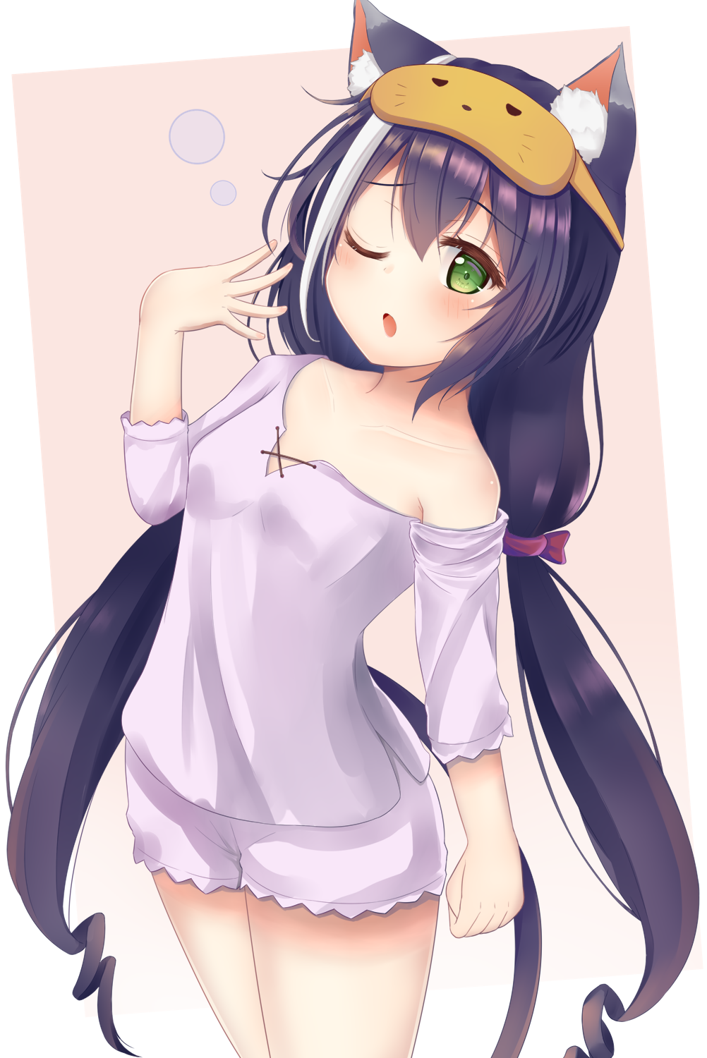 1girl animal_ear_fluff animal_ears bangs black_hair blush bow breasts brown_background cat_ears cat_girl cat_tail collarbone commentary_request eyebrows_visible_through_hair green_eyes hair_between_eyes hair_bow hand_up highres karyl_(princess_connect!) long_hair long_sleeves low_twintails mask mask_on_head minakami_mimimi multicolored_hair one_eye_closed parted_lips princess_connect! princess_connect!_re:dive purple_shirt purple_shorts red_bow ringlets shirt short_shorts shorts sleep_mask small_breasts solo standing streaked_hair tail twintails two-tone_background very_long_hair white_background white_hair