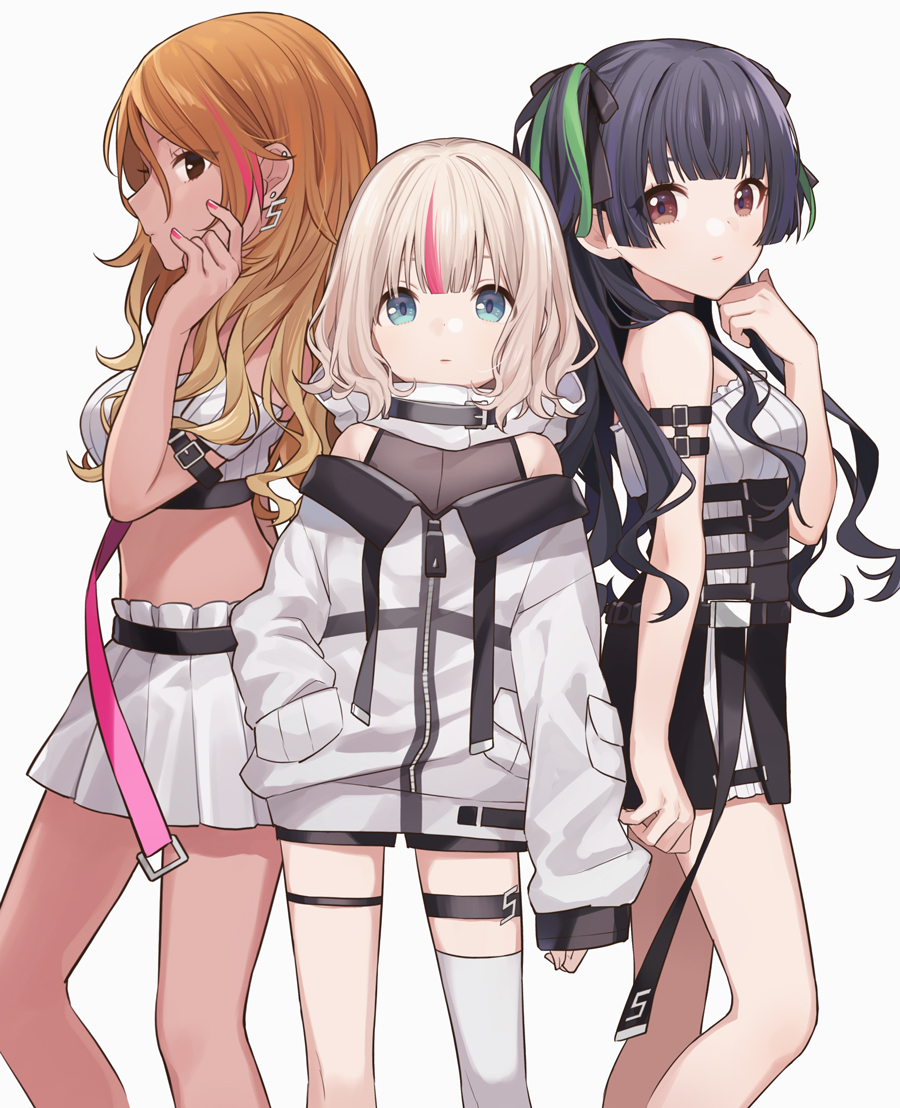 3girls alternate_hairstyle bangs bare_shoulders black_eyes black_hair black_skirt blonde_hair blue_eyes blush breasts brown_eyes brown_hair chiri_(ch!) closed_mouth cowboy_shot crop_top dark_skin detached_sleeves earrings from_side gradient_hair green_ribbon gyaru hair_between_eyes hair_ribbon idolmaster idolmaster_shiny_colors izumi_mei jewelry large_breasts light_brown_hair long_hair long_sleeves looking_at_viewer mayuzumi_fuyuko medium_breasts multicolored_hair multiple_girls nail_polish red_nails redhead ribbon serizawa_asahi short_hair simple_background skirt sleeveless sleeves_past_wrists standing straylight_(idolmaster) streaked_hair two_side_up wavy_hair white_background white_skirt