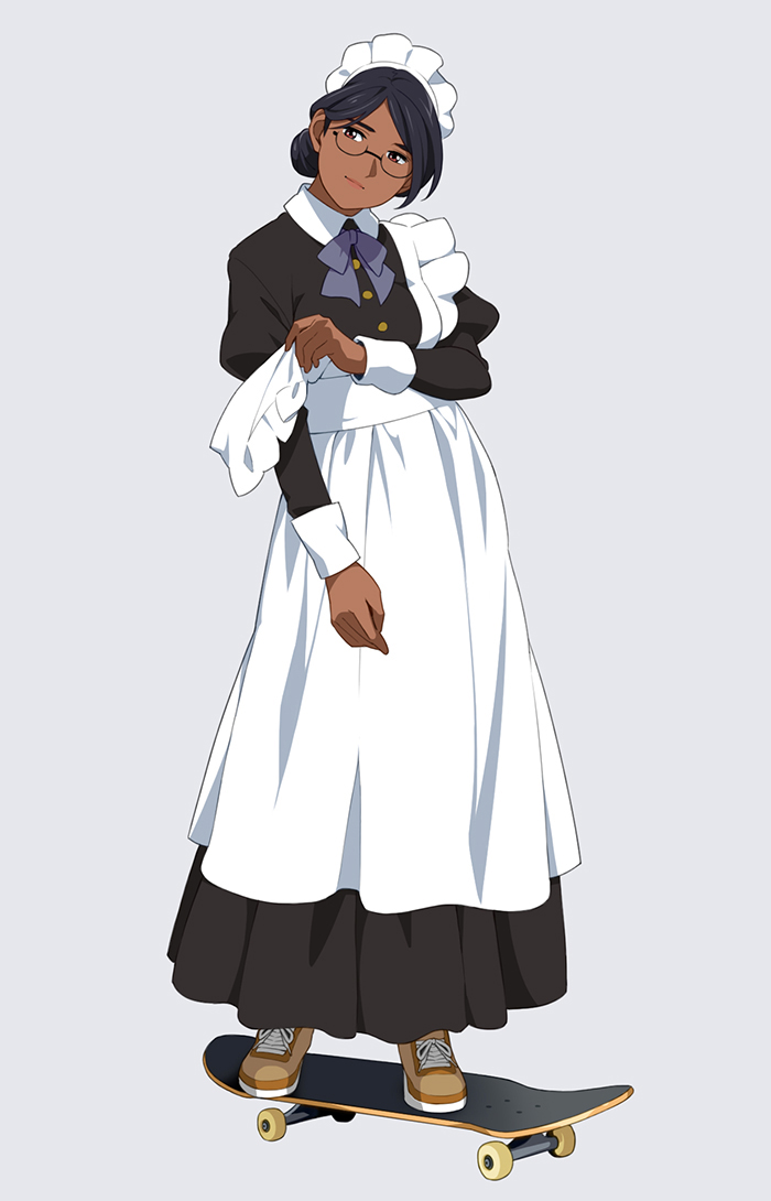 1girl adjusting_clothes apron black_dress black_hair brown_footwear commentary_request dark_skin dress glasses long_sleeves looking_at_viewer maid maid_apron maid_dress maid_headdress original purple_neckwear shoes short_hair simple_background skateboard sneakers solo suzushiro_(suzushiro333)