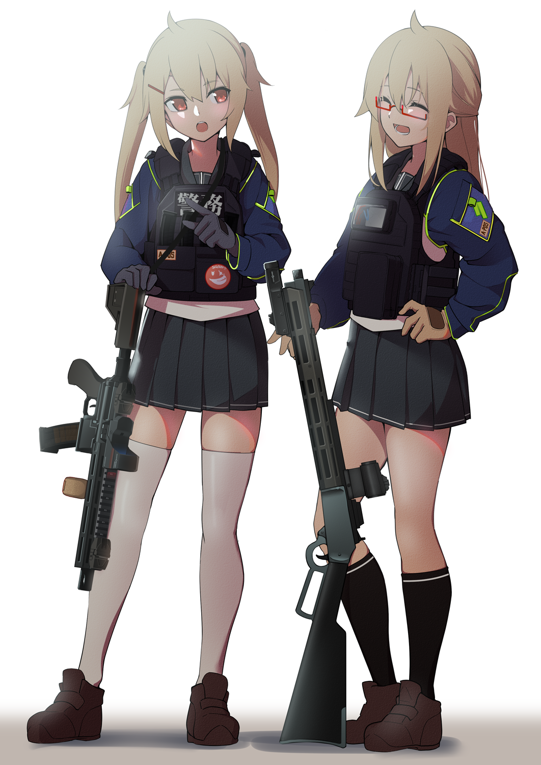 2girls badge bangs black_footwear black_gloves black_legwear blue_jacket body_armor brown_gloves closed_eyes commentary_request eyebrows_visible_through_hair glasses gloves grey_hair gun hair_ornament hairclip hand_on_hip highres holding holding_gun holding_weapon jacket kneehighs long_hair long_sleeves looking_at_another miniskirt multiple_girls open_mouth original partial_commentary pleated_skirt pointing rectangular_eyewear red-framed_eyewear red_eyes semi-rimless_eyewear shadow shoes siblings single_horizontal_stripe sisters skirt smile standing thigh-highs twintails under-rim_eyewear urushibara_hikaru urushibara_megumi warashi weapon weapon_request white_background white_legwear