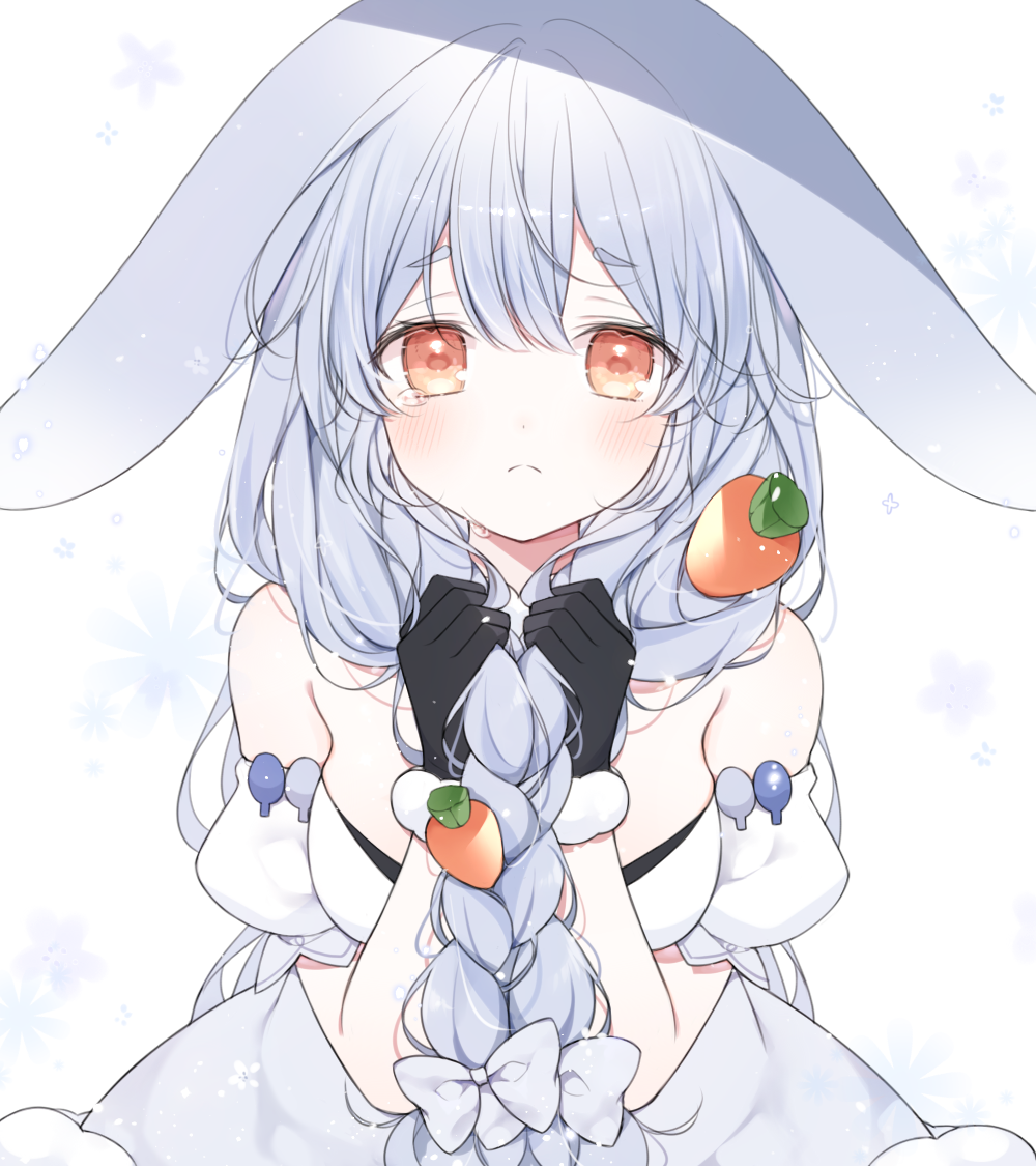 1girl animal_ears bangs bare_shoulders black_gloves blue_hair blush bow braid breasts brown_eyes carrot_hair_ornament closed_mouth commentary eyebrows_visible_through_hair food_themed_hair_ornament frown fur-trimmed_gloves fur_trim gloves hair_between_eyes hair_bow hair_ornament holding holding_hair hololive long_hair looking_at_viewer mattang rabbit_ears simple_background solo tearing_up tears twin_braids twintails usada_pekora very_long_hair virtual_youtuber white_background white_bow