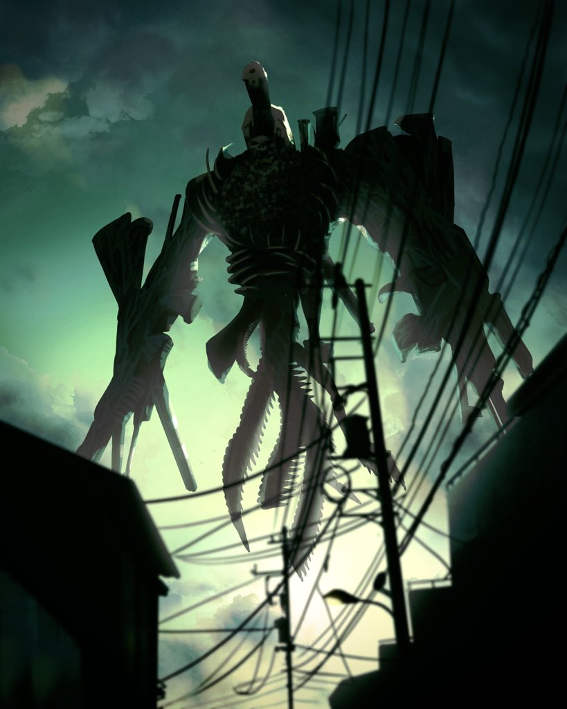 ammunition building chainsaw_man clouds floating giant_monster green_sky gun gun_devil_(chainsaw_man) mnk0212 monster outdoors power_lines skull sky tagme telephone_pole weapon