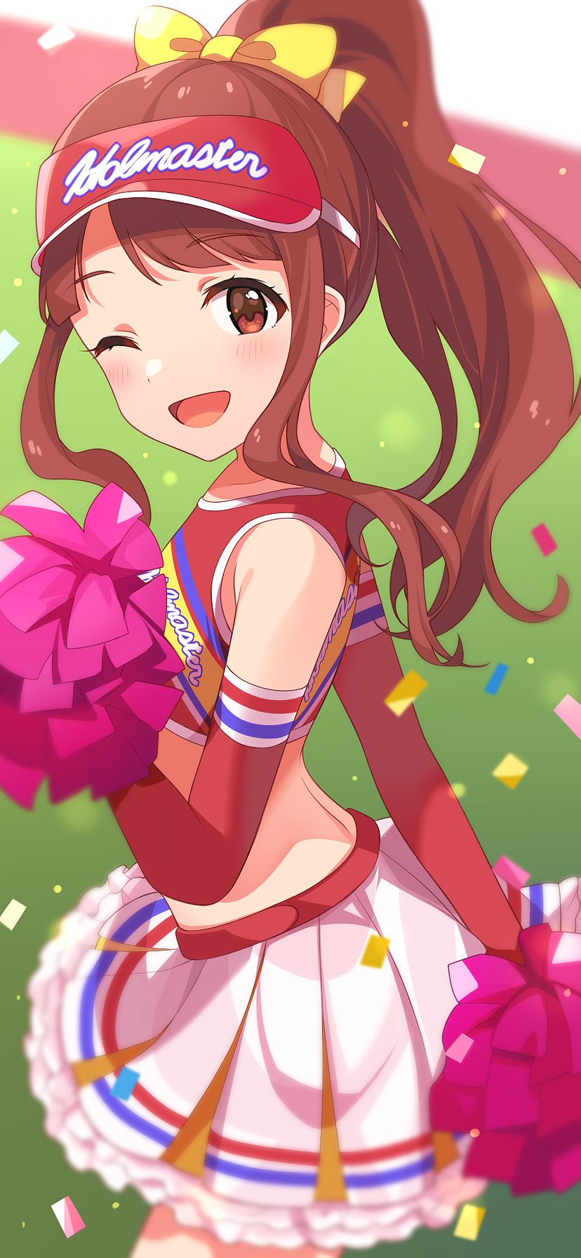 1girl blurry blurry_background bow cheerleader confetti elbow_gloves eyebrows_visible_through_hair frilled_skirt frills gloves highres idolmaster idolmaster_million_live! idolmaster_million_live!_theater_days looking_at_viewer naijow one_eye_closed pom_poms red_eyes red_gloves red_headwear red_tank_top redhead skirt solo tanaka_kotoha tank_top visor white_skirt yellow_bow