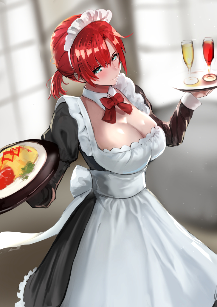 1girl apron aqua_eyes boudica_(fate/grand_order) bow bowtie breasts detached_collar fate/grand_order fate_(series) from_above glass indoors jikihatiman large_breasts maid maid_headdress plate puffy_sleeves redhead solo tray window windows