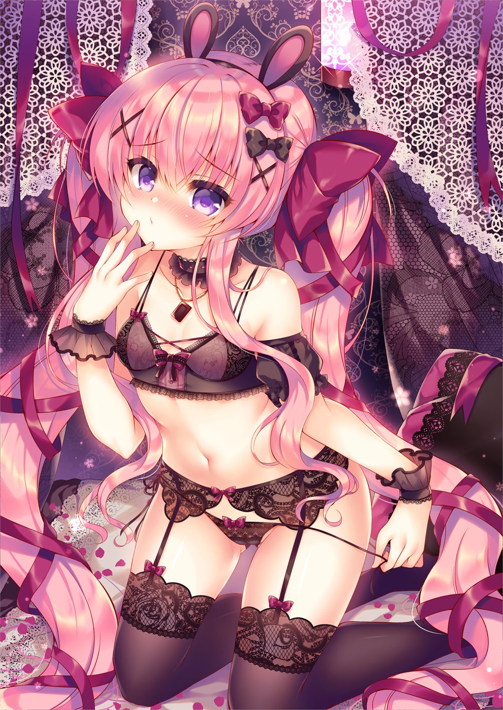 1girl ass_visible_through_thighs bare_shoulders black_bra black_choker black_legwear black_panties bow bra breasts choker collarbone detached_sleeves frilled_choker frills garter_belt hair_bow hair_ornament hair_ribbon hairband highres jewelry kneeling lilia_chocolanne lingerie long_hair looking_at_viewer navel necklace no_shoes original panties pink_hair ribbon side-tie_panties small_breasts solo stomach string_panties suzunone_rena thigh-highs thighs underwear underwear_only untied untied_panties very_long_hair violet_eyes x_hair_ornament