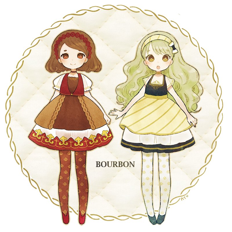 2girls arms_at_sides ayu_(mog) black_footwear blush bow bright_pupils brown_dress brown_eyes brown_hair brown_legwear dress green_hair green_skirt hair_bow hairband high-waist_skirt looking_at_viewer multiple_girls open_mouth original pantyhose puffy_short_sleeves puffy_sleeves red_footwear red_hairband round_teeth shoes short_sleeves skirt standing teeth upper_teeth white_legwear white_pupils