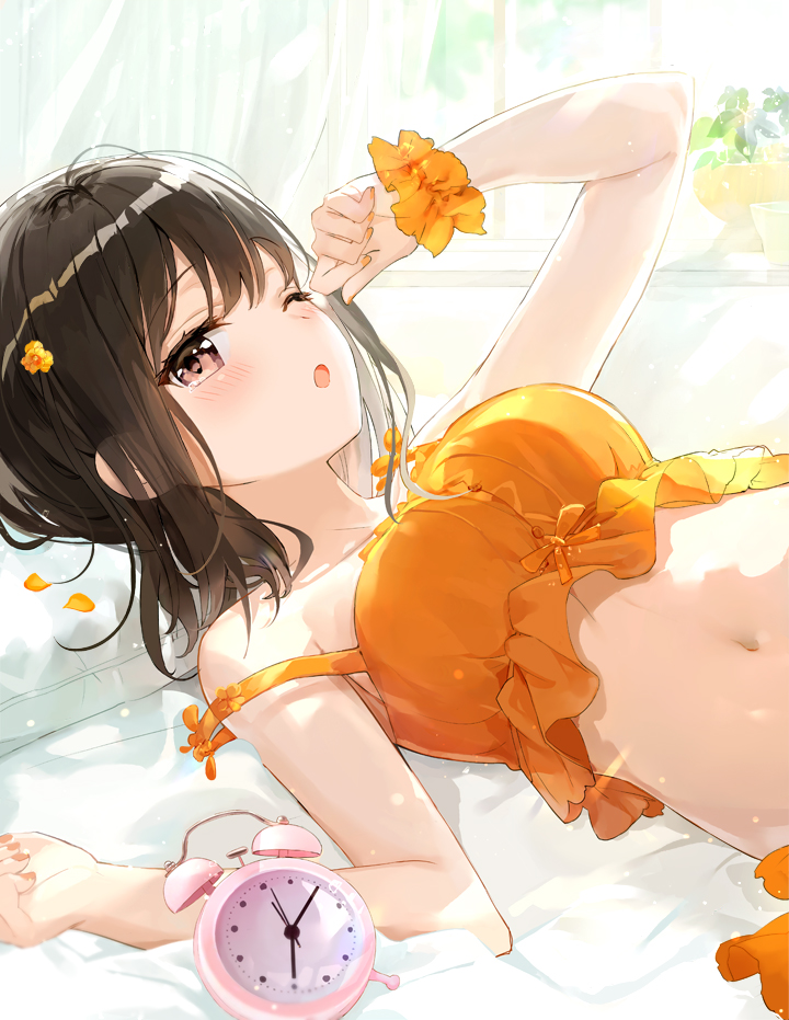 1girl ;o alarm_clock bangs bare_arms bare_shoulders bed bikini blush bra breasts brown_eyes brown_hair clock collarbone commentary commentary_request curtains eyebrows_visible_through_hair flower frills fuumi_(radial_engine) hair_flower hair_ornament hand_up looking_at_viewer lying medium_breasts medium_hair navel on_back one_eye_closed open_mouth orange_bikini orange_bra orange_flower orange_nails original parted_lips pillow plant potted_plant rubbing_eyes scrunchie sleepy sleeveless solo stomach strap_slip swimsuit underwear upper_body waking_up window windowsill wrist_scrunchie