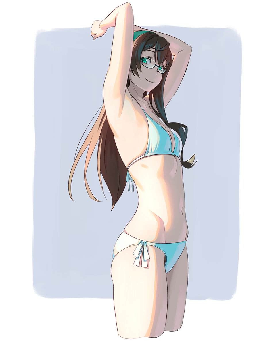 1girl armpits arms_up ass bikini black_hair blush breasts closed_mouth commentary cowboy_shot eyebrows_visible_through_hair from_side glasses green_eyes groin hairband highres kantai_collection long_hair looking_at_viewer navel ooyodo_(kantai_collection) semi-rimless_eyewear side-tie_bikini simple_background skindentation small_breasts smile solo swimsuit two-tone_background under-rim_eyewear yuuji_(and)
