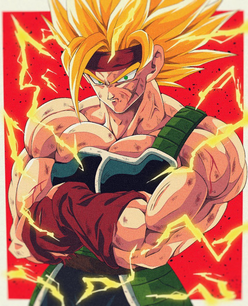 1boy arm_warmers armor bardock bare_shoulders biceps blonde_hair blood border bure_(fantasticyouth7) closed_mouth collarbone commentary_request crossed_arms dragon_ball dragon_ball_z electricity energy frown green_eyes headband looking_at_viewer male_focus muscular muscular_male outside_border pectorals red_background red_headband saiyan_armor scar scar_on_cheek scar_on_face scratches simple_background solo spiky_hair super_saiyan super_saiyan_1 torn_clothes upper_body v-shaped_eyebrows veins white_border