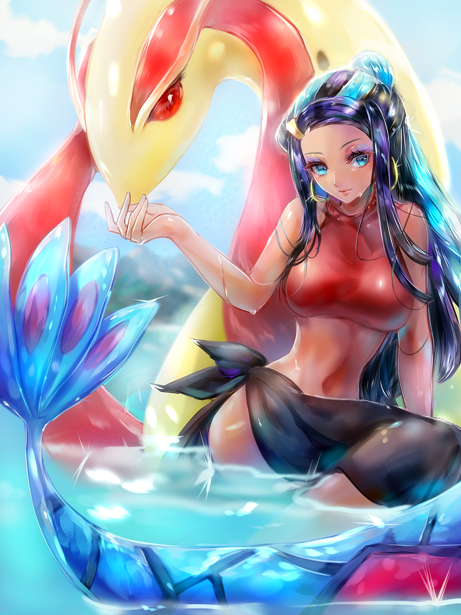 1girl bare_arms bare_shoulders black_hair black_sarong blue_eyes blue_hair blue_sky breasts closed_mouth clouds dark_skin day earrings eyelashes eyeshadow gen_3_pokemon gym_leader highres hoop_earrings jewelry large_breasts long_hair makeup milotic multicolored_hair navel outdoors partially_submerged pokemon pokemon_(creature) pokemon_(game) pokemon_swsh purple_eyeshadow rurina_(pokemon) sarong sky tsukigime_(fool_ehle) two-tone_hair very_long_hair water wet wet_hair