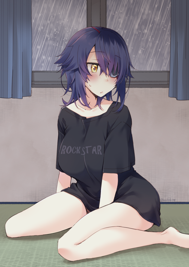 1girl alternate_costume bare_legs barefoot black_shirt blush breasts brown_eyes closed_mouth collarbone commentary_request curtains eyebrows_visible_through_hair eyepatch hair_over_one_eye indoors kantai_collection kotobuki_(momoko_factory) large_breasts looking_away messy_hair purple_hair rain shirt short_hair short_sleeves sitting solo tenryuu_(kantai_collection) twitter_username wariza window