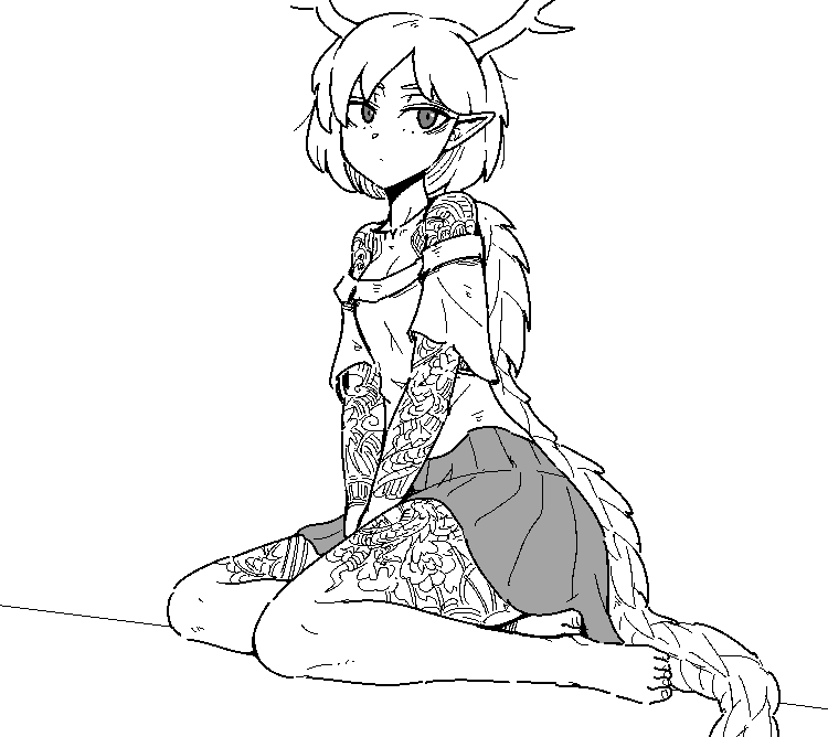1girl bangs bare_shoulders blonde_hair breasts closed_mouth collarbone dragon_girl dragon_horns dragon_tail formicid full_body full_body_tattoo horns kicchou_yachie monochrome oekaki red_eyes seiza shirt short_hair short_sleeves simple_background sitting skirt solo tail tattoo touhou turtle_shell uncolored white_background