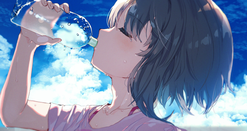 1girl adam's_apple blue_sky bottle bra_strap casual close-up closed_eyes clouds cloudy_sky day drinking eyebrows_visible_through_hair eyelashes facing_to_the_side from_side grey_hair holding holding_bottle idolmaster idolmaster_cinderella_girls otokura_yuuki outdoors shirt short_hair sky social_kasu_(mob_oji_katu) solo spaghetti_strap sweat t-shirt water water_bottle