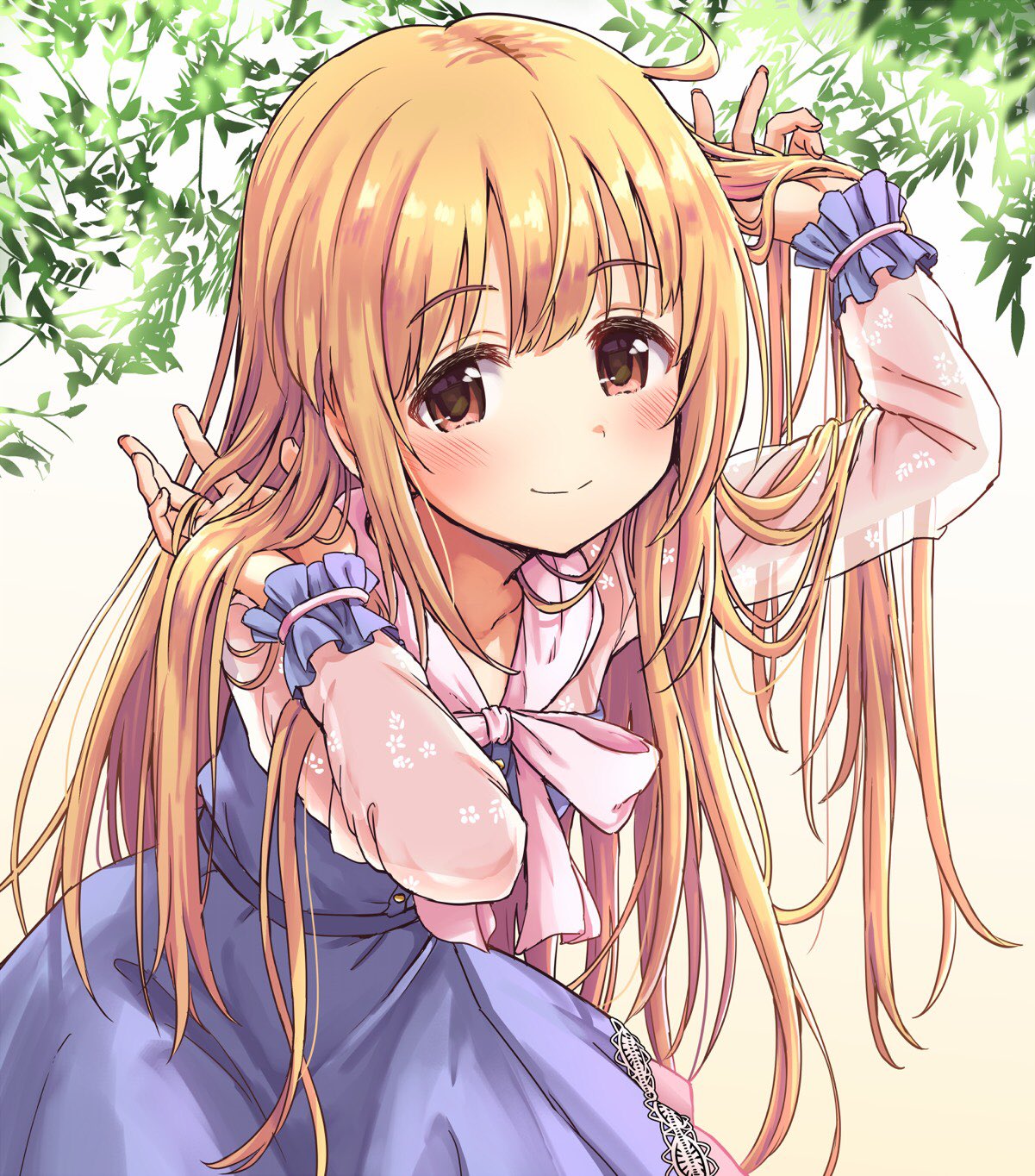 1girl alternate_hairstyle arm_up blonde_hair blush bow branch brown_eyes collarbone cowboy_shot dress eyebrows_visible_through_hair frilled_sleeves frills futaba_anzu hair_down hand_in_hair highres idolmaster idolmaster_cinderella_girls long_hair long_sleeves looking_at_viewer outdoors ribbon see-through_sleeves smile solo starheart