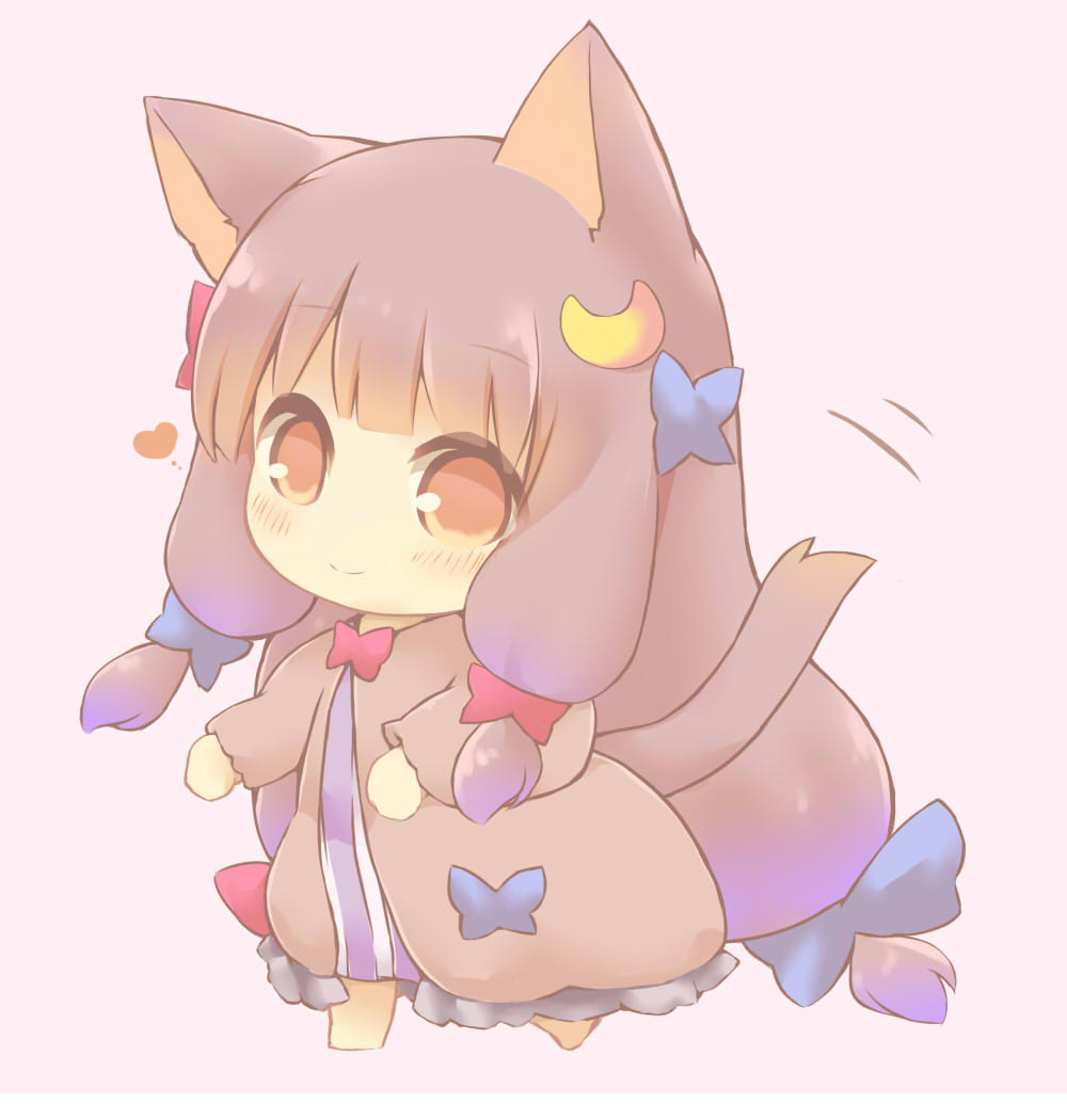 1girl animal_ears blush brown_eyes cat_ears catchouli chibi commentary_request crescent crescent_hair_ornament dress eyebrows_visible_through_hair full_body hair_ornament hair_ribbon hazuki_ruu heart kemonomimi_mode long_hair looking_at_viewer motion_lines no_hat no_headwear patchouli_knowledge pink_background purple_hair ribbon simple_background smile solo standing touhou