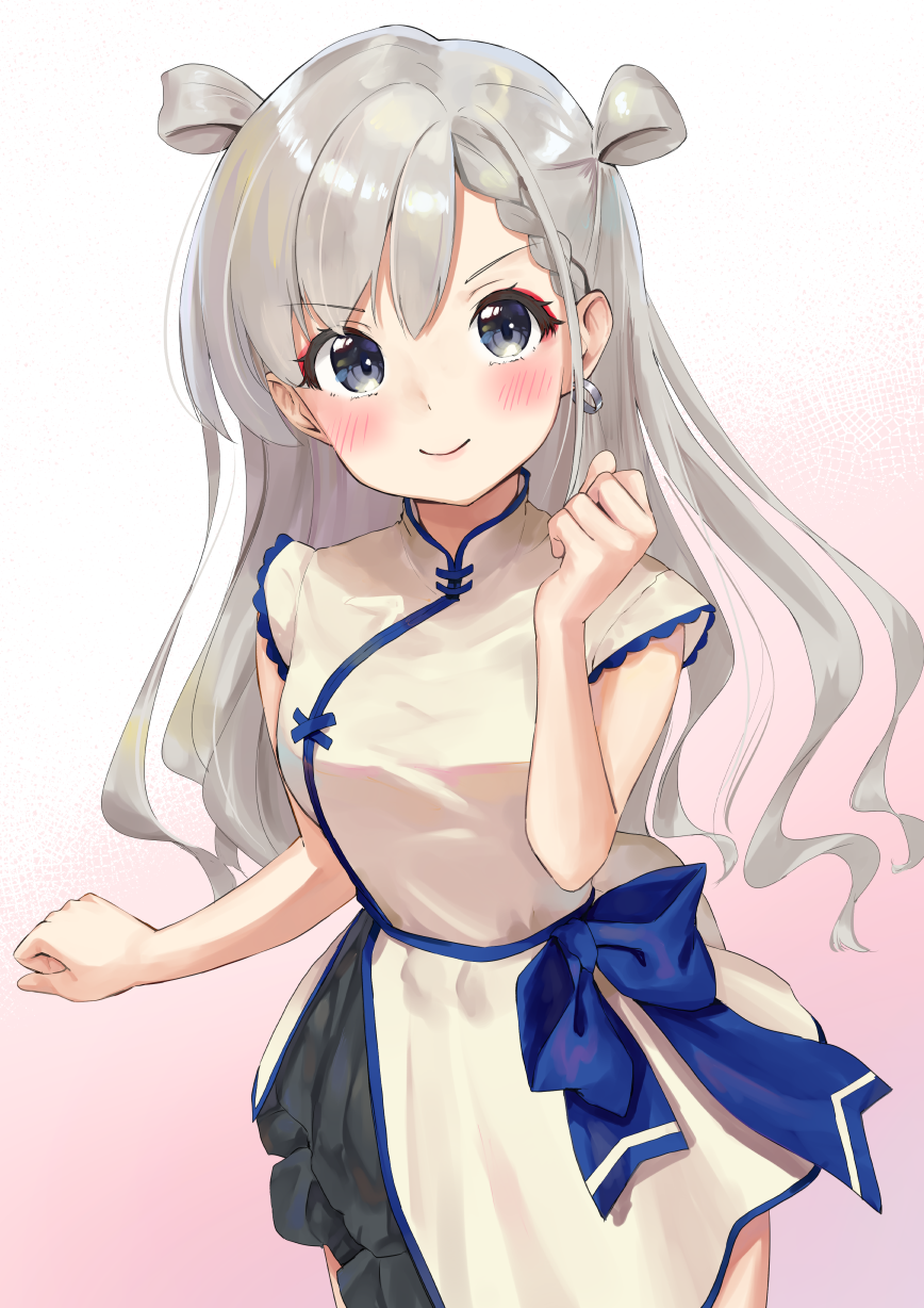 &gt;:) 1girl bare_arms blue_bow blush bow braid breasts brown_dress china_dress chinese_clothes closed_mouth dress earrings gradient gradient_background grey_hair hair_rings highres hisakawa_hayate idolmaster idolmaster_cinderella_girls jewelry k_mugura long_hair pink_background sleeveless sleeveless_dress small_breasts smile solo v-shaped_eyebrows very_long_hair white_background