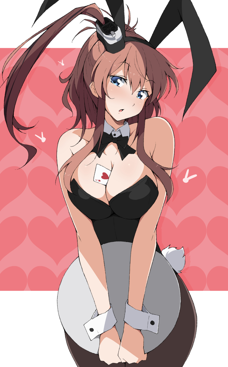 1girl ace_of_hearts animal_ears bare_shoulders between_breasts blue_eyes bow bowtie breasts brown_hair bunny_girl bunny_tail bunnysuit card cowboy_shot detached_collar fake_animal_ears hair_between_eyes hair_ornament heart highleg highleg_leotard highres kantai_collection large_breasts leotard nel-c playing_card ponytail rabbit_ears saratoga_(kantai_collection) side_ponytail sidelocks smokestack strapless tail tray wrist_cuffs