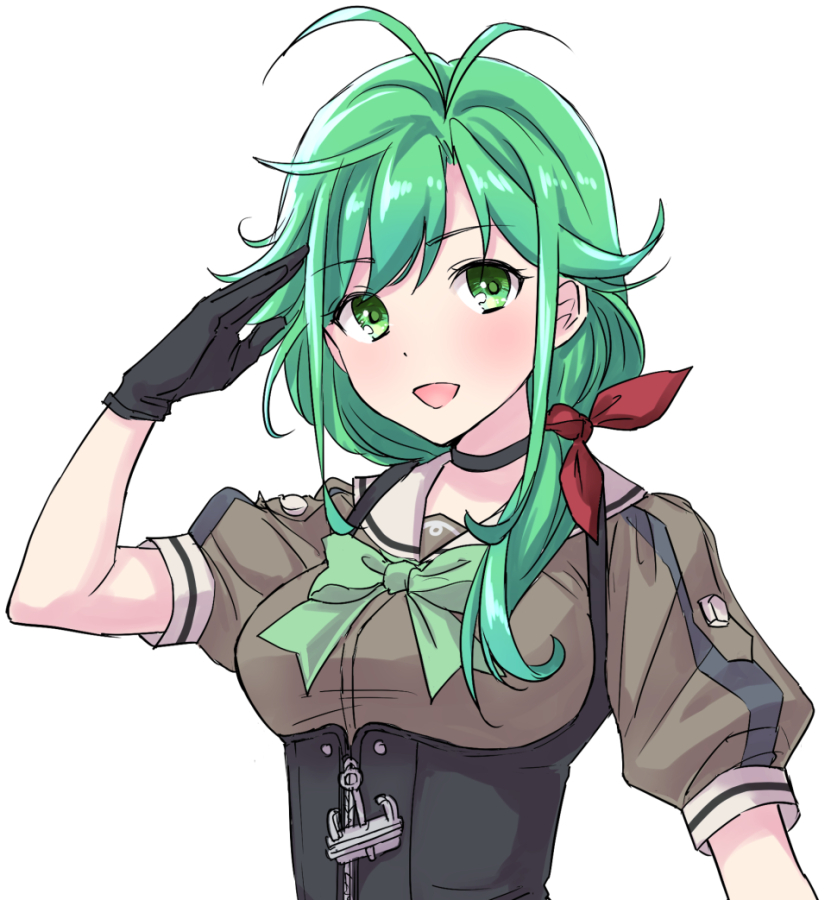 1girl antenna_hair bangs black_choker black_gloves blush bow bowtie breasts choker eyebrows_visible_through_hair gloves green_eyes green_hair green_neckwear hair_ribbon kantai_collection long_hair matsu_(kantai_collection) medium_breasts open_mouth red_ribbon ribbon salute short_sleeves simple_background solo u0709 upper_body white_background