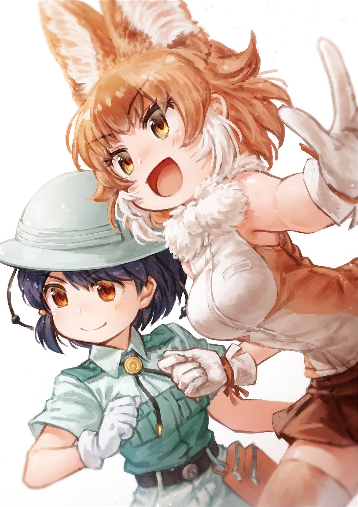 2girls :d animal_ears bangs belt black_belt black_hair blurry blurry_background bob_cut bolo_tie brown_eyes brown_hair brown_legwear brown_skirt captain_(kemono_friends) clenched_hand collared_shirt commentary dhole_(kemono_friends) dog_ears eyebrows_visible_through_hair foreshortening fur_collar gloves grey_headwear grey_shirt grey_shorts helmet highres kemono_friends_3 lain leaning_forward looking_to_the_side miniskirt multiple_girls open_mouth pith_helmet pleated_skirt shirt short_hair shorts simple_background skirt smile standing thigh-highs white_background white_gloves white_shirt