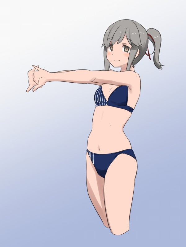 1girl adapted_costume bikini blue_background blue_bikini breasts brown_eyes commentary_request cowboy_shot cropped_legs gradient gradient_background grey_hair hair_ribbon kantai_collection lawson long_hair ponytail red_ribbon ribbon sidelocks small_breasts solo standing stretch striped striped_bikini swimsuit tamu_(mad_works) usugumo_(kantai_collection)