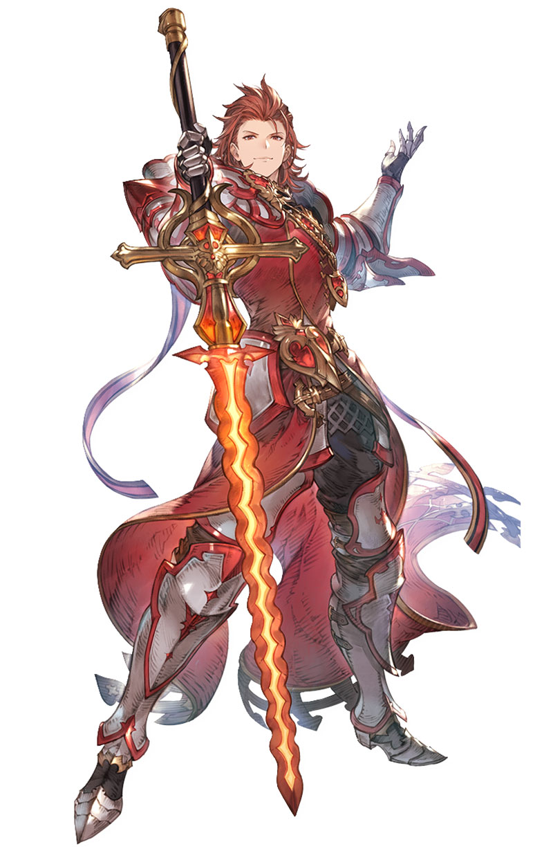 1boy armor armored_boots boots cross full_body gauntlets granblue_fantasy granblue_fantasy_versus highres minaba_hideo official_art percival_(granblue_fantasy) presenting red_eyes redhead smile smug solo spiky_hair sword transparent_background weapon