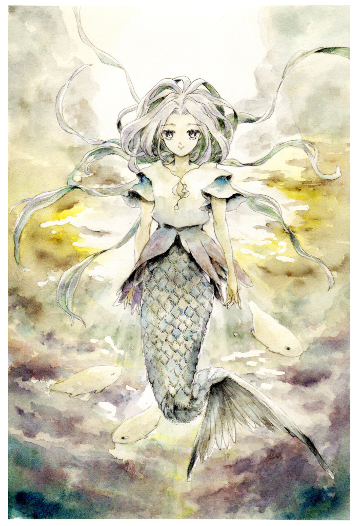 1girl arms_at_sides fish full_body futame grey_hair long_hair looking_at_viewer mermaid monster_girl outdoors pixiv_fantasia pixiv_fantasia_age_of_starlight shirt short_sleeves solo white_shirt