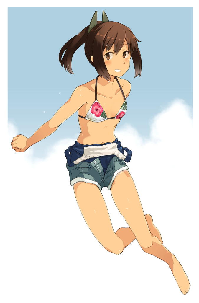 1girl barefoot bikini bikini_under_clothes brown_eyes brown_hair collarbone cutoffs floral_print full_body grey_shorts grin hair_ornament hairclip i-401_(kantai_collection) kantai_collection layered_swimsuit looking_at_viewer open_fly ponytail sakura_(medilore) school_swimsuit short_hair short_ponytail shorts smile solo swimsuit swimsuit_under_clothes tan two-tone_background white_bikini