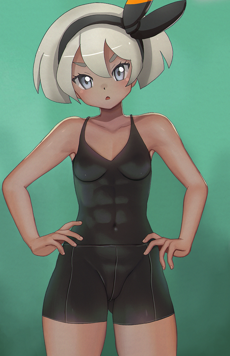 1girl aruman bangs black_bodysuit black_hairband bodysuit breasts collarbone commentary covered_abs covered_navel eyelashes fingernails green_background grey_eyes grey_hair gym_leader hair_between_eyes hairband hands_on_hips highres looking_at_viewer open_mouth pokemon pokemon_(game) pokemon_swsh saitou_(pokemon) shiny shiny_hair short_hair sleeveless solo tongue