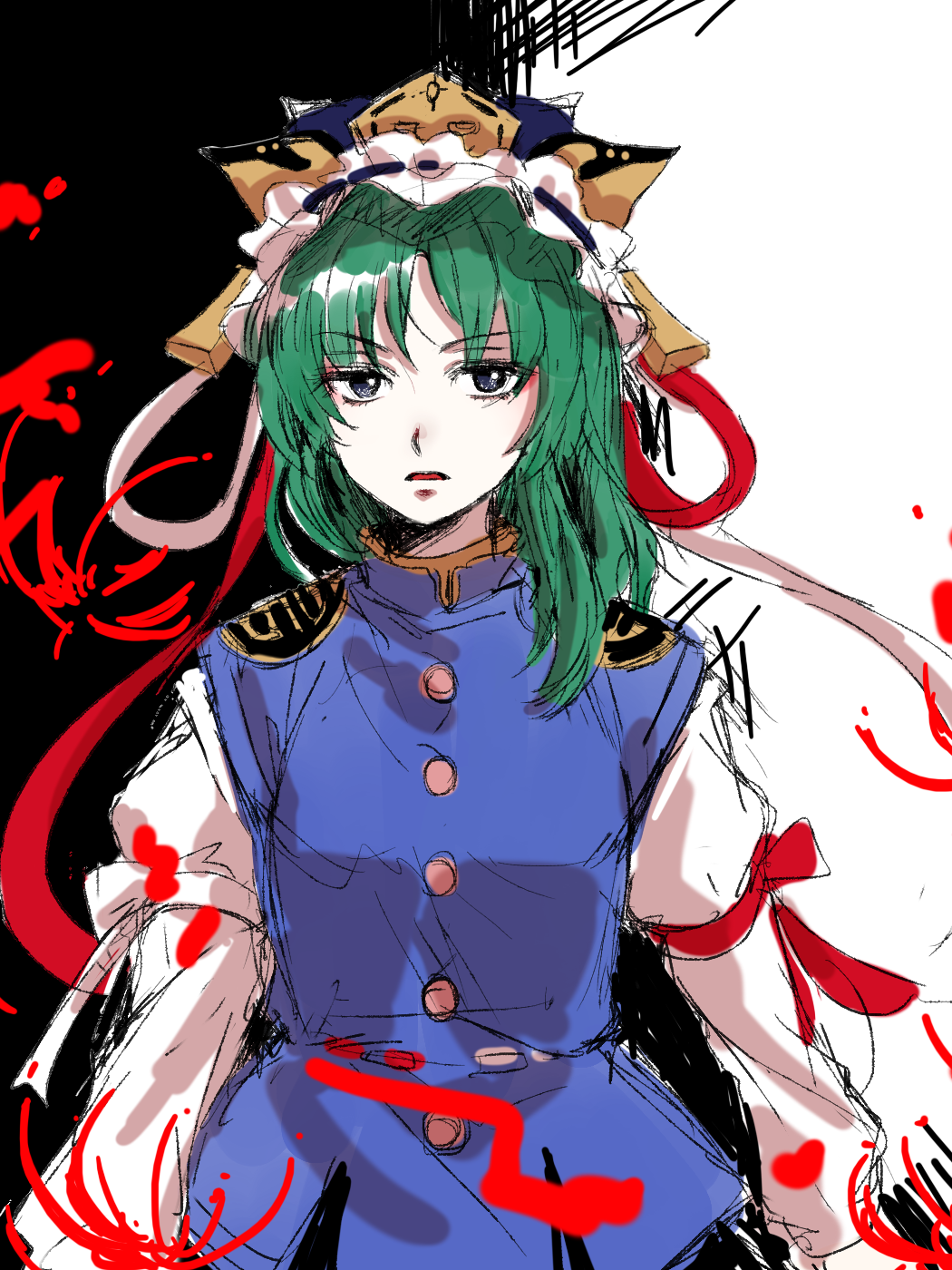 1girl asymmetrical_hair bangs black_background blue_dress buttons cowboy_shot dress eyebrows_visible_through_hair glaring gold_trim green_hair grey_eyes hat highres juliet_sleeves kuya_(hey36253625) long_sleeves looking_at_viewer parted_lips puffy_sleeves shiki_eiki simple_background sketch solo touhou two-tone_background white_background